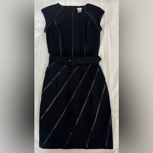 Cache dress black metal sequin detail belted cocktail LBD 4